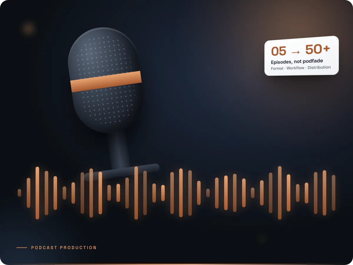 Podcast production: studio microphone and audio waveform