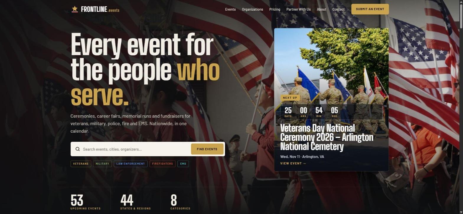 Frontline.events homepage, built in-house by Stucci Marketing Group