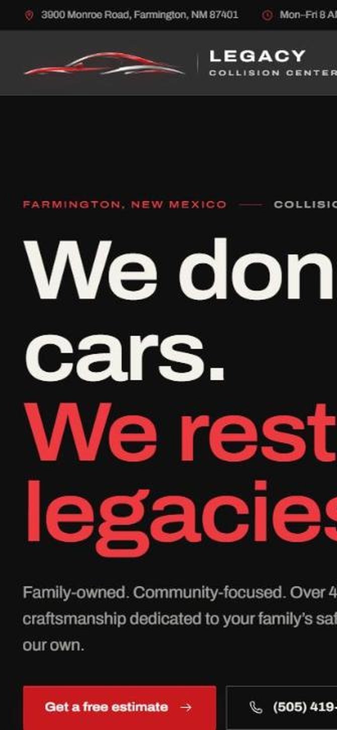 Legacy Collision Center website on mobile