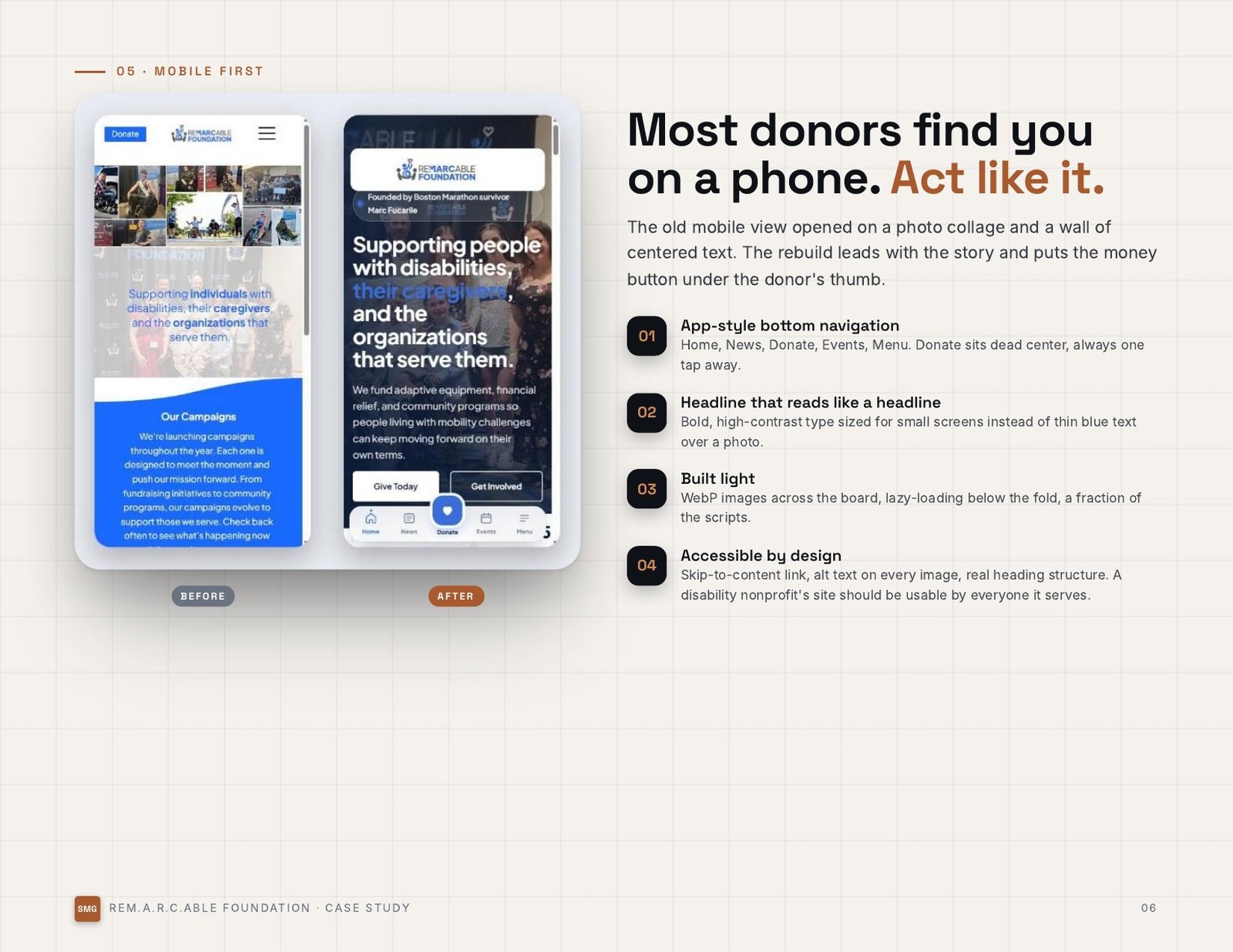 The ReM.A.R.C.able Foundation 3 Before and after mobile homepage for The ReM.A.R.C.able Foundation