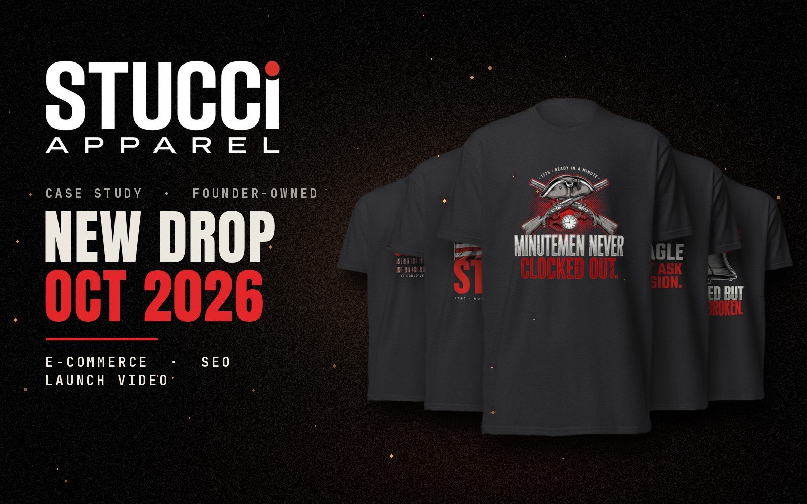 Stucci Apparel October 2026 new drop: five of the eight new statement tees fanned out beside the Stucci Apparel logo